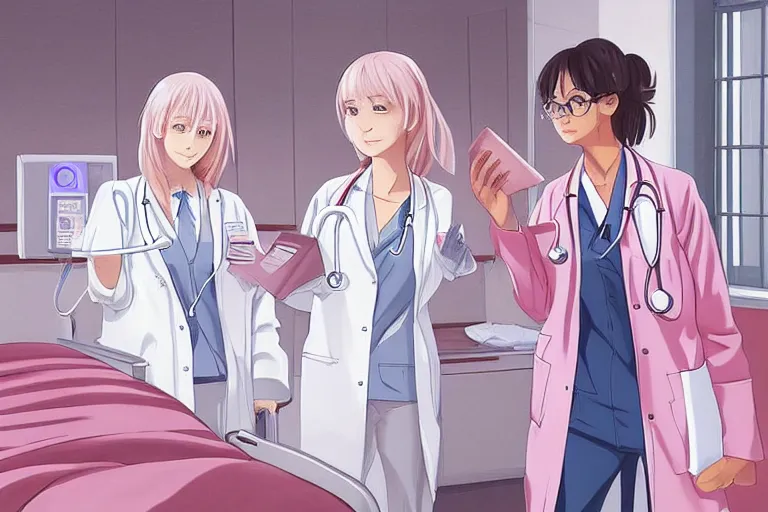 Image similar to a beautiful young female doctor wearing white coat are talking with a nurse wearing pink coat in a hospital ward, highly detailed, digital painting, slice of life anime, illustration, anime scenery by Makoto shinkai