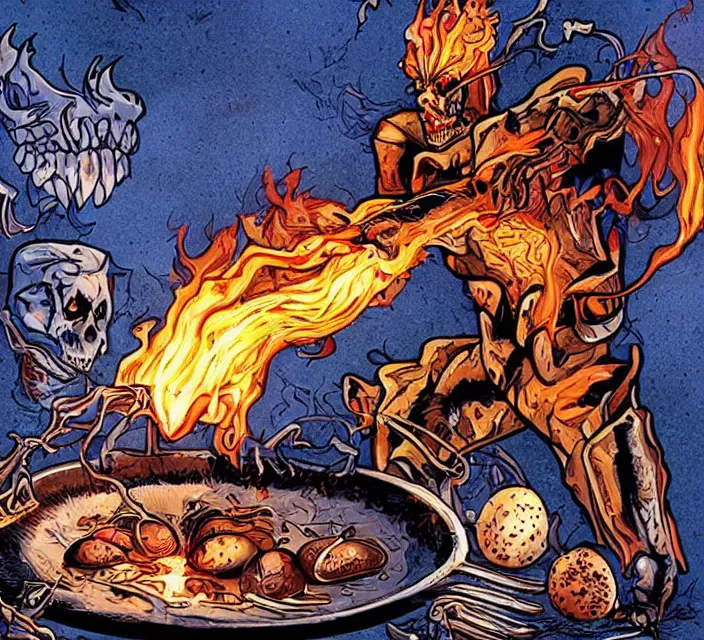 Prompt: ghost rider cooking eggs with his fire