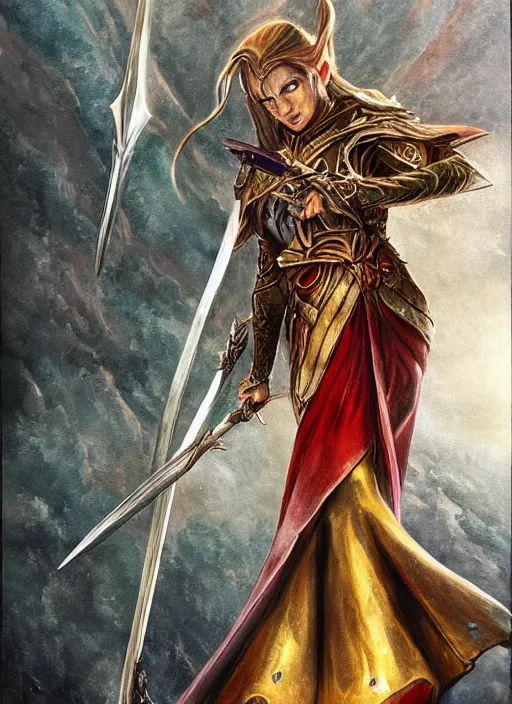 Prompt: female elf armed with two long swords, in the style of tolkien, fantasy art, dramatic lighting, highly detailed oil painting