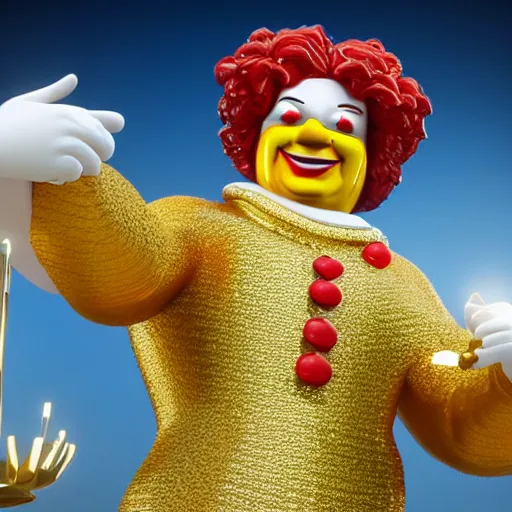 Image similar to A still of Ronald McDonald surrounded by gold and diamonds, Award-winning, photograph, 3d render, unreal engine, 4k detailed