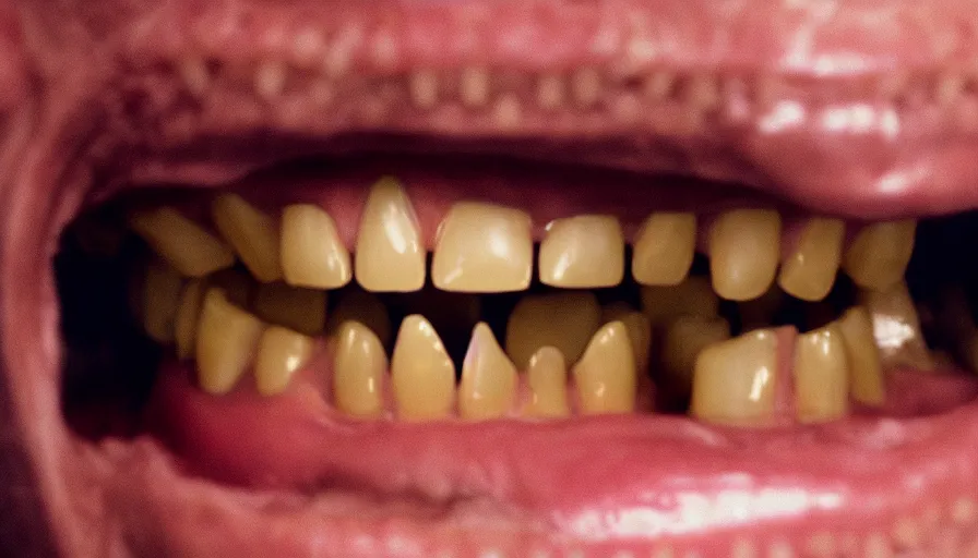 Image similar to 70s movie still of a man yelling with trypophobia teeth in dentist cabinet, eastmancolor, heavy grain, high quality, higly detailed, liminal space