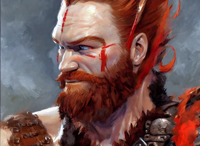 Image similar to a highly detailed beautiful portrait of conan o'brien as kratos, by gregory manchess, james gurney, james jean