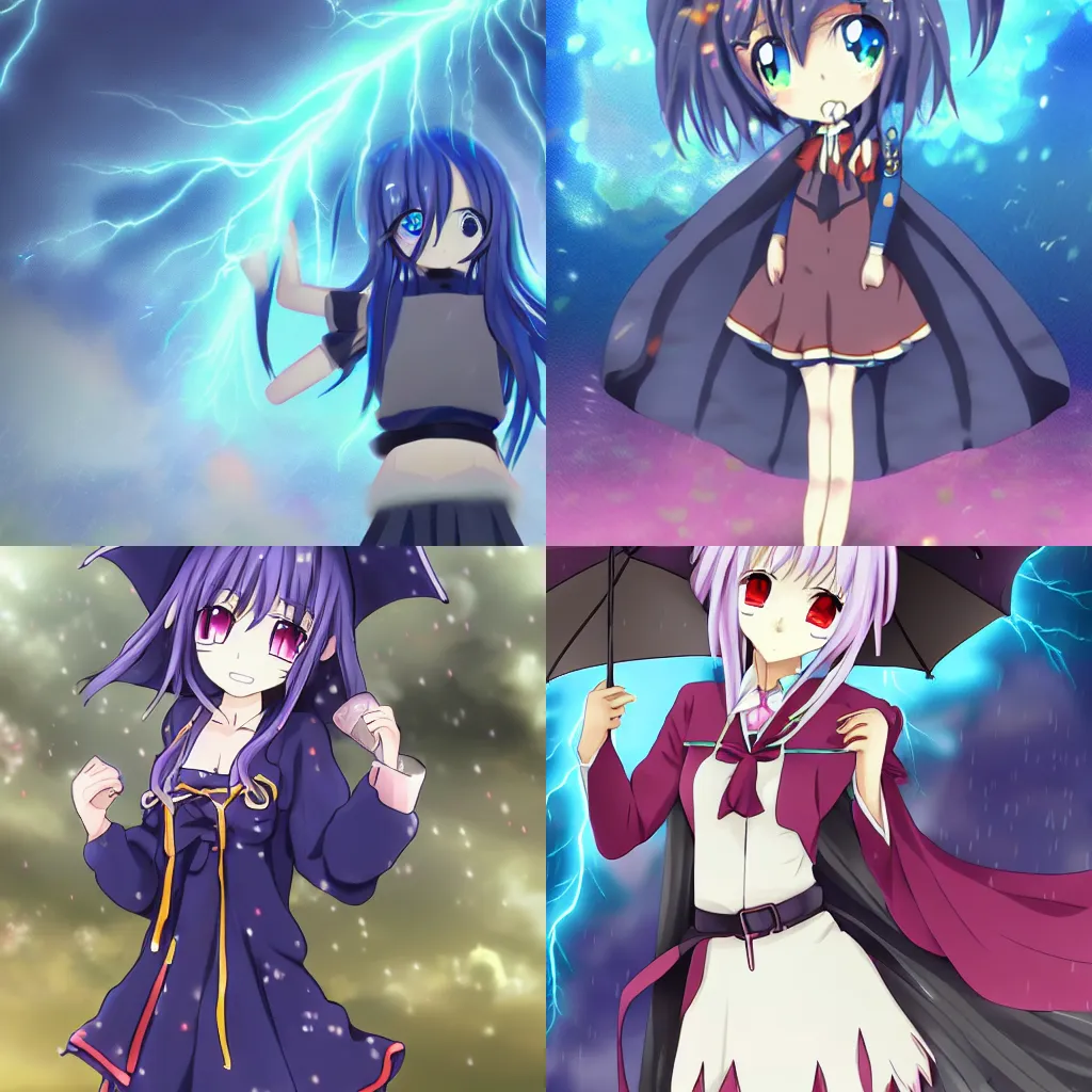 Prompt: cute anime girl mage casts a magical storm in the rain, Gelbooru Image Database, Sankakucomplex Image Database, Shuushuu Image Database
