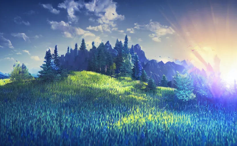 Image similar to mountain landscape in summer, flowers, trees, blue landscape, dreamy light, sunny, floating particles, complementary palette, by and jacek yerga and jesse king, pop surrealist, wiccan, unreal engine, bokeh, detailed