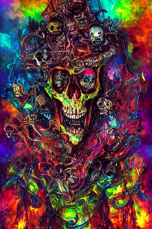 Image similar to 35 mm lens photo of chthonic scull lsd colors with sharp teeth and rgb background smoke, direct sunlight, glowing, vivid, detailed painting, Houdini algorhitmic pattern, by Ross Tran, WLOP, artgerm and James Jean, masterpiece, award winning painting