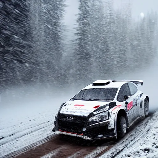 Prompt: rally cars racing through snow on a mountain, snowing fast image motion blur 8k