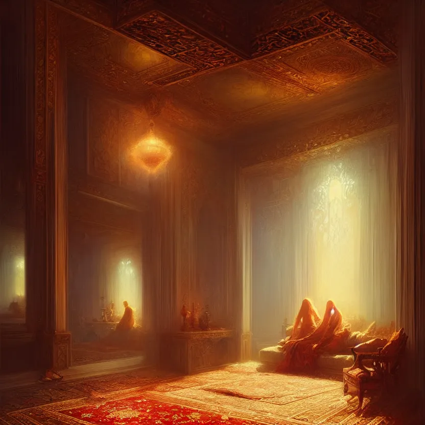 Image similar to magic fluffy Persian carpet & mirror dimension, by Greg Rutkowski and Gaston Bussiere, dim lighting, beautiful volumetric-lighting-style atmosphere, surreal atmosphere, intricate, detailed, photorealistic imagery, artstation