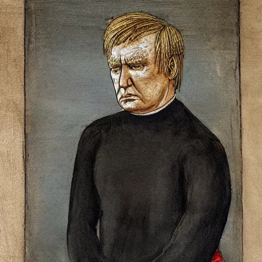 Prompt: donald trump as a prisoner behind bars in prison clothing, sad, dramatic, powerful, painted by leonardo da vinche