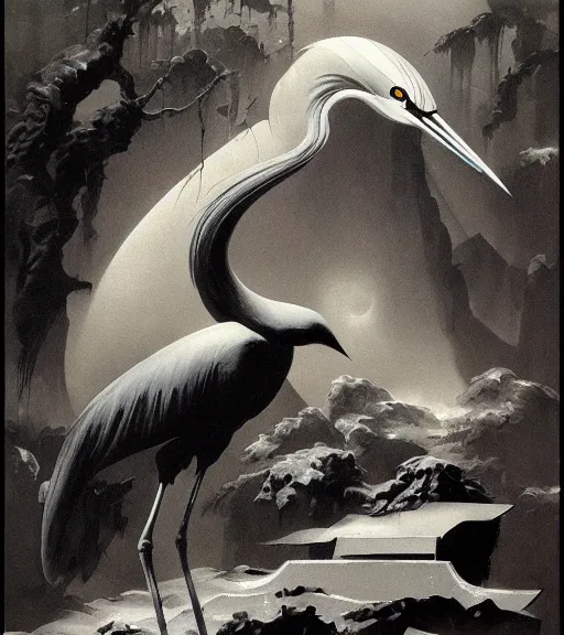 Prompt: the shrine of the heron by Frank Frazetta, trending on artstation, HD, detailed, cubism, monochrome