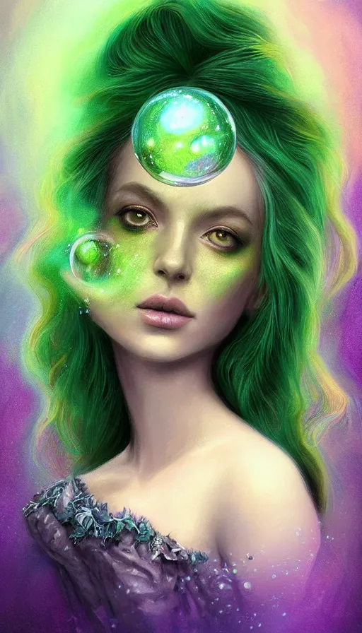 Prompt: unique portrait of magical green ork female , dark fantasy, gradient green black, dreamy and ethereal, (colour) eyes, one head, golden ratio, peaceful expression, ornate frilly dress, fantasy, intricate, elegant, rainbow bubbles, highly detailed, digital painting, artstation, concept art, smooth,b sharp focus, illustration, art by artgerm and greg rutkowski and alphonse mucha