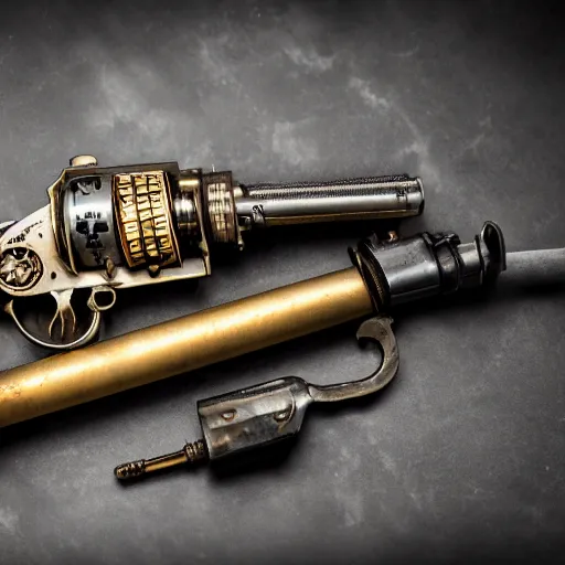 Image similar to product photography of a steampunk revolver