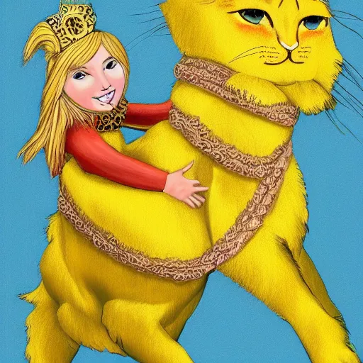 Image similar to blonde warrior princess riding a large yellow furry house cat, high detail,