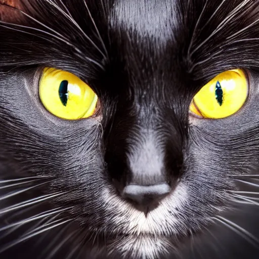 Prompt: close up photograph of a black cat staring towards the camera, wide angle