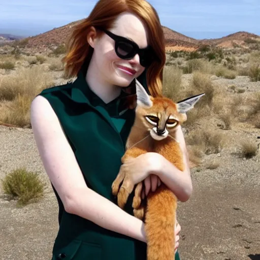 Image similar to Emma Stone holding a cute caracal