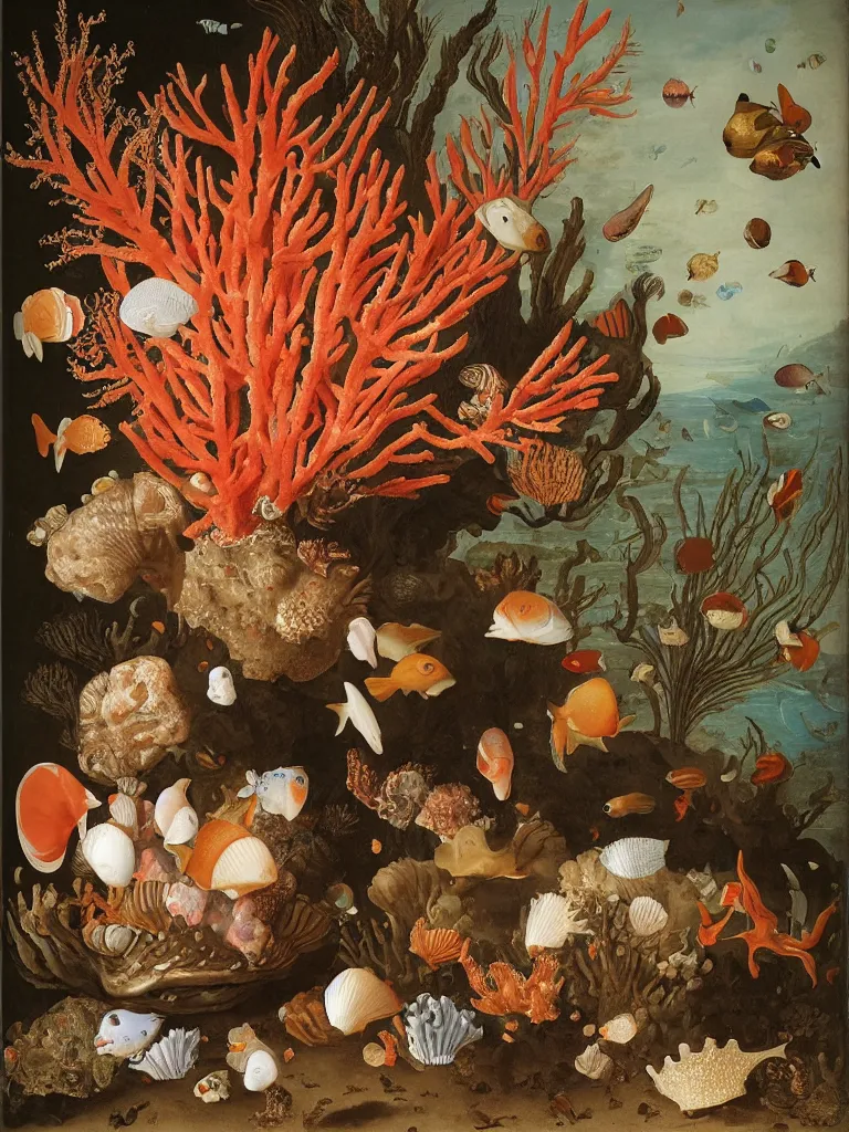 Prompt: Wan-li Vase of Coral under the sea, with shells and fish, Ambrosius Bosschaert the Elder, oil on canvas