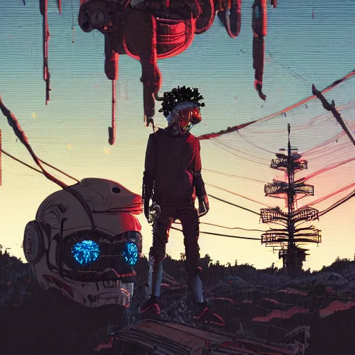 Image similar to in the style of ghostshrimp and deathburger and laurie greasley a young mixed race male explorer wearing a cyberpunk headpiece who is meditating in front of a giant wise decaying robot head, highly detailed, 8k wallpaper