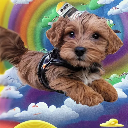 Prompt: highly detailed photograph of a light brown and black havanese puppy in a steampunk helmet riding a rocket ship over a rainbow