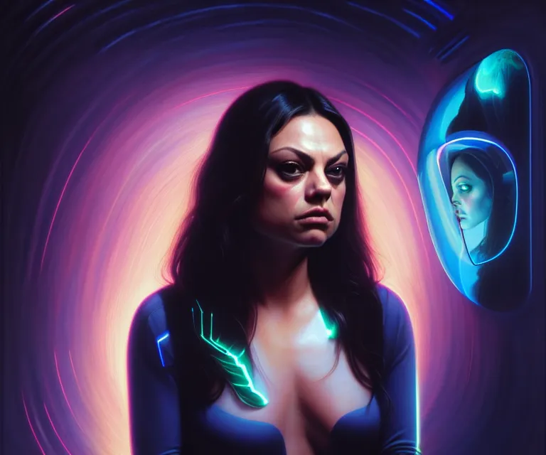 Image similar to mila kunis, in holograms of alien artifacts, electrical case display, total recall tech, dramatic lighting, electrical details, high details, 4 k, 8 k, best, accurate, trending on artstation, artstation, photorealism, ultrarealistic, digital painting, style of peter mohrbacher, caravaggio, boris vallejo