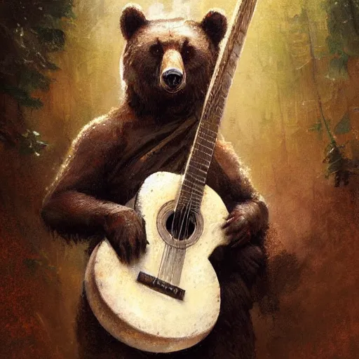 Image similar to realistic bear playing fantastic primitive forms guitar, fantasy character portrait by Greg Rutkowski, Craig Mullins, Gaston Bussiere