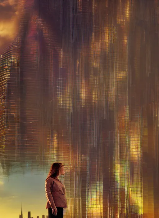 Image similar to hyper realistic and detailed closeup photo of a female android with segmented iridescent translucent panels with sunset over a futuristic city behind her by annie leibovitz