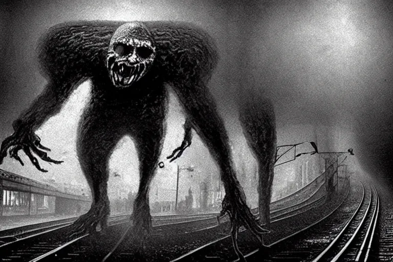 Image similar to very large giant mutant zombie irradiated ( angry rat ) staying on railways in tonnel of moscow subway. tonnel, railways, giant angry rat, furr, fangs, claws, very realistic. fog, extreme long shot, herman nitsch, giger, anish kapoor.