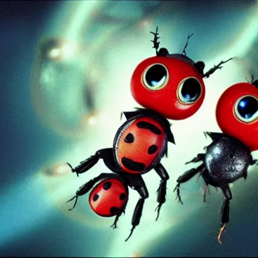 Prompt: film still, baby evil ladybugs, ladybug quadrupeds with big rgb eyes, huge ladybug motherships, epic road - trip in outer space, dramatic lighting, ( e. t. the extra - terrestrial ), batteries not included, harry potter, imax, 7 0 mm.