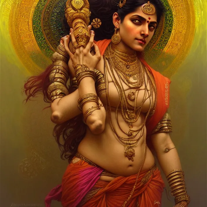 Image similar to hindu cyborg, lakshmi, diffuse lighting, fantasy, intricate, elegant, highly detailed, lifelike, photorealistic, digital painting, artstation, illustration, concept art, smooth, sharp focus, art by john collier and albert aublet and krenz cushart and artem demura and alphonse mucha