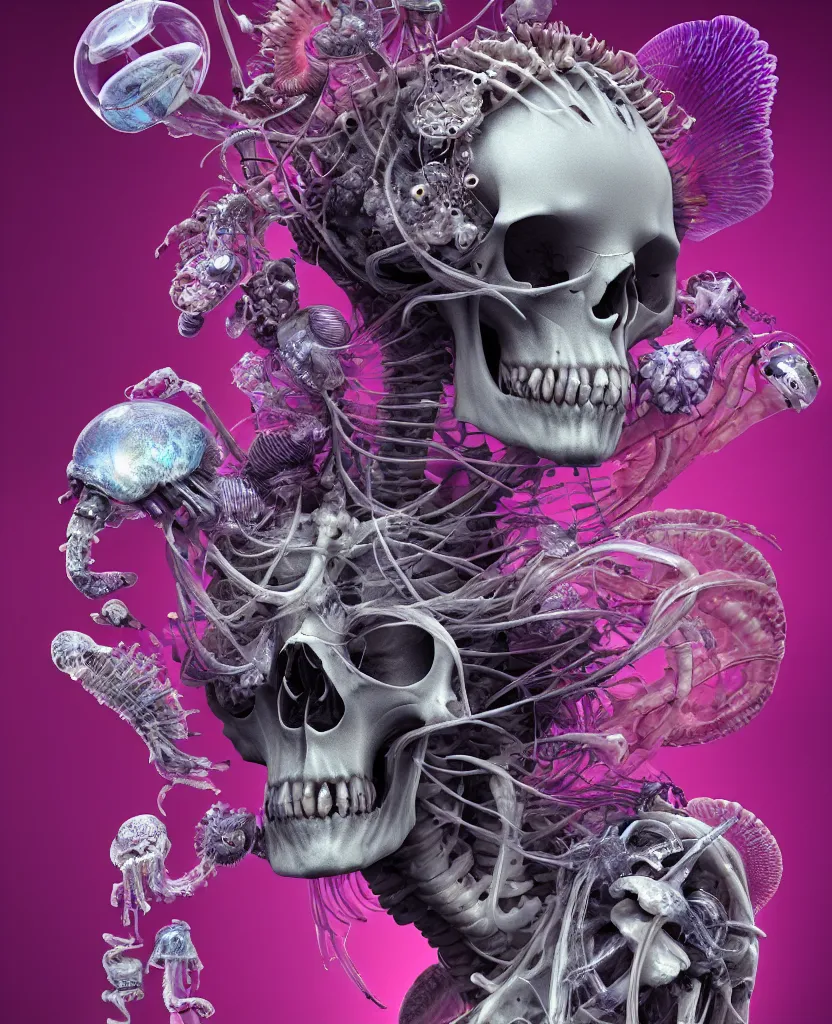 Image similar to goddess close-up portrait ram skull, skeleton, thorax, x-ray, backbone, jellyfish phoenix head, nautilus, orchid, skull, betta fish, bioluminiscent creatures, intricate artwork by Tooth Wu and wlop and beeple. octane render, trending on artstation, greg rutkowski very coherent symmetrical artwork. cinematic, hyper realism, high detail, octane render, 8k