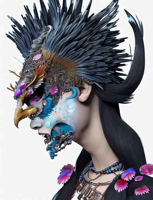 Image similar to 3 d goddess close - up profile portrait punk with mohawk with ram skull. beautiful intricately detailed japanese crow kitsune mask and clasical japanese kimono. betta fish, jellyfish phoenix, bio luminescent, plasma, ice, water, wind, creature, artwork by tooth wu and wlop and beeple and greg rutkowski