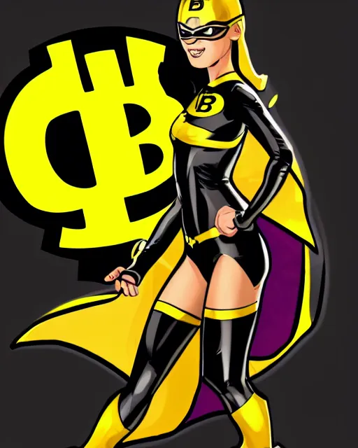 Image similar to bitgirl superhero woman yellow and black skin suit with bitcoin logo on chest, epic comic book cover