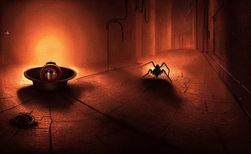 Prompt: mechanical spider in a large dimly lit sewer, ultra detailed digital art, fine drawing, hyper real, 4 k, moody lighting, warm colors