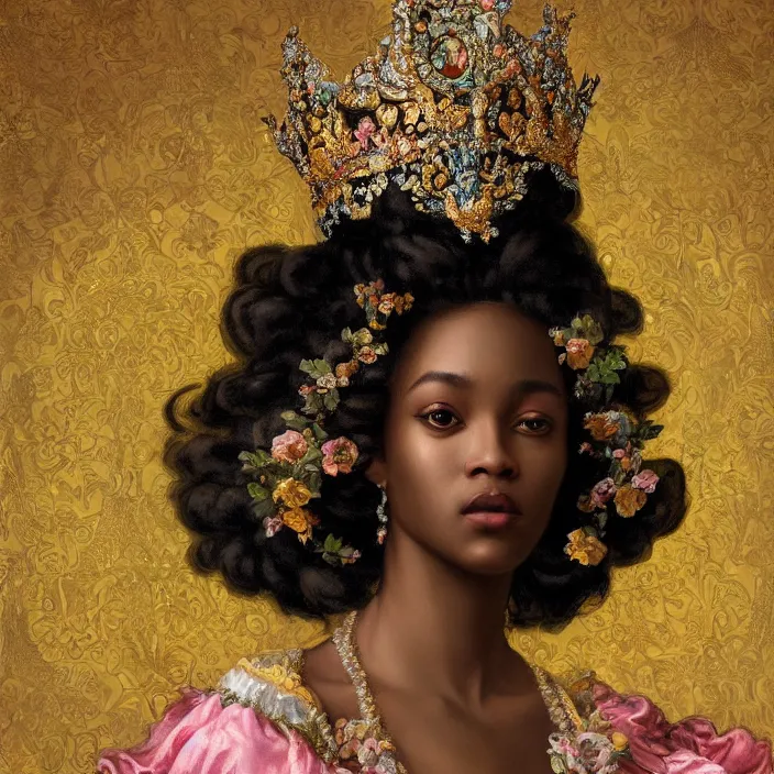 Prompt: highly detailed venetian rococo portrait of a black princess wearing a crown, golden jewels, pastel flowery background, volumetric lighting, flowers, realistic, symmetrical face, digital illustration, art by krenz cushart, alphonse mucha, kehinde wiley, artem demura