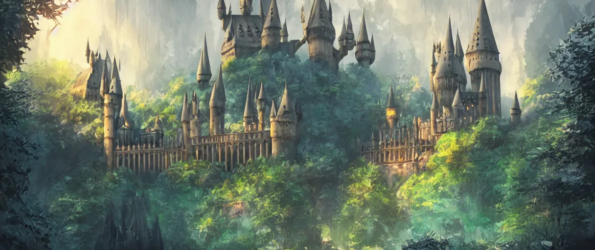 Image similar to huge hogwarts type castle city in the forest behind a garden, concept art, digital painting, style of jordan grimmer, warm lighting, futuristic, volumetric lighting, view from below, vivid colours, bright, daytime, godrays, high detail