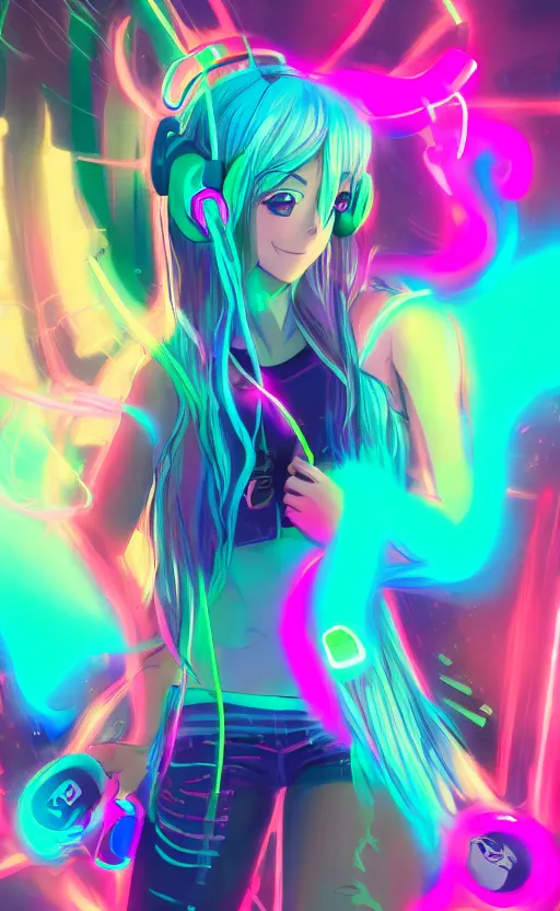 Image similar to anime girl with glowing neon hair wearing fit neon clothing and headphones while holding a laptop, WLOP, concept art, digital painting, trending on artstation, highly detailed, epic composition, 8k UHD