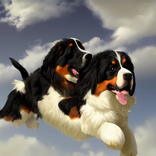 Prompt: an angel riding a giant Bernese mountain dog in heaven, trending on artstation