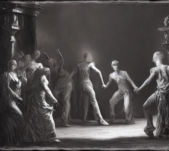 Prompt: evil shadow people dancing by gustave dore. back glass painting, carnation, encaustic painting, b - roll, establishing shot, dappled light, crime scene photography, 8 k, vray, unreal engine, blender cycles, colorful