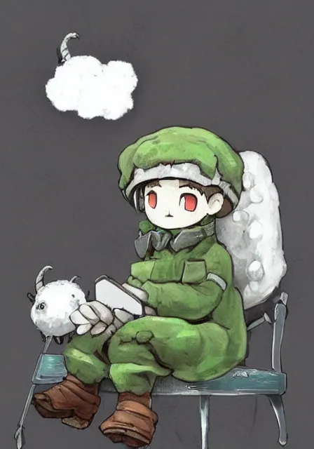 Image similar to beautiful little boy wearing sheep suit using a smartphone while sitting on chair, gray, blue, green and brown pallet color. made in abyss art style, inspired in kris from deltarrune, cute detailed artwork, anatomically correct, soft details,, reflection