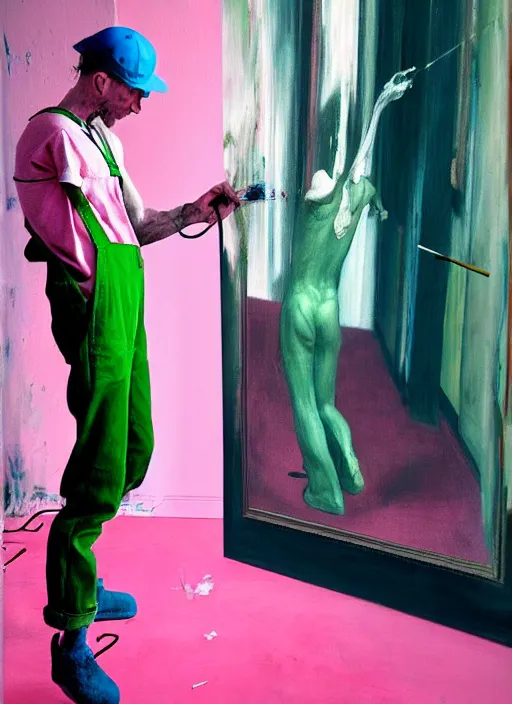 Image similar to an insane, skinny, artist wearing overalls, painting the walls inside a grand messy studio, hauntingly surreal, highly detailed painting by francis bacon, edward hopper, adrian ghenie, gerhard richter, and james jean, soft light 4 k in pink, green and blue colour palette