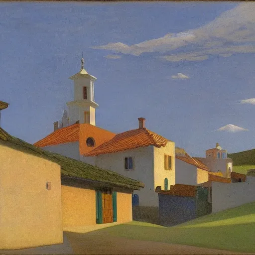 Image similar to A Spanish village. By Carl Gustav Carus, Edward Hopper. Symetrical, logo, geometric shapes.