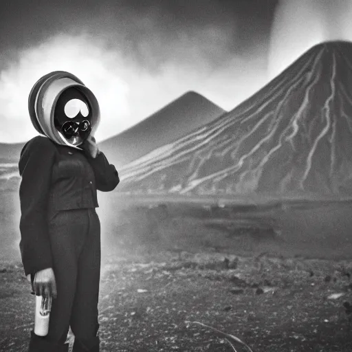 Prompt: a woman with white suit, she wear red eyed gasmask, in volcano, standing close to volcano, fire raining, professional photography, black and white, cinematic, eerie