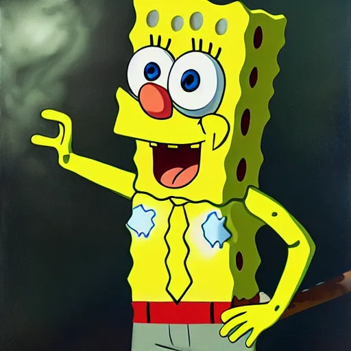 Image similar to ultra realistic portrait painting of spongebob squarepants, art by frank frazetta, 4 k, ultra realistic, highly detailed, epic lighting