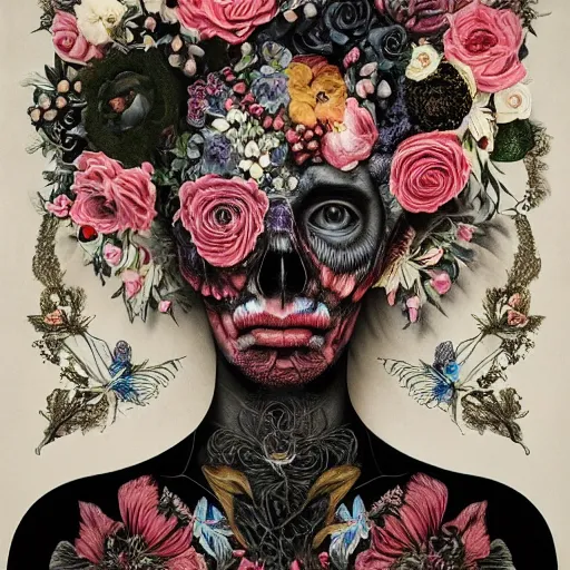 Prompt: portrait of a person with floral background on black paper : : by elena masci, nychos, giuseppe arcimboldo, melanie delon : : digital art, portrait, illustration, photorealism, hyperrealism, hyper - maximalist, surrealism, negative space, intricate detail, muted, natural tones, weta, wlop, deviantart, imaginefx