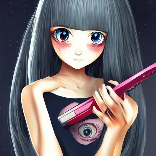 Image similar to portrait of a cute beautiful girl holding a balisong, anime digital art, creepy