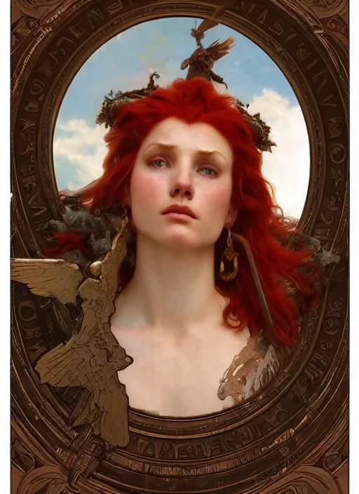 Prompt: face matte portrait of a beautiful red haired valkyrie in a heroic pose and wearing thick bronze plate armo art by albert bierstadt, alphonse mucha, andreas rocha, greg rutkowski, sharp edges. ultra clear detailed. 8 k. elegant. octane render