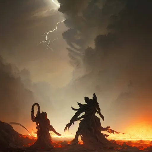 Image similar to a lightning demon fighting a shadow demon at the gates of hell, greg rutkowski, 8 k, shallow depth of field, moody lighting, ultra high detail, concept art,