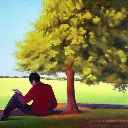 Prompt: painting of a peaceful man relaxing under a tree by David Normal, David Normal, acrylic art, calm, soothing, cosy, elegant, soft light,