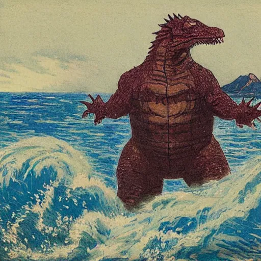 Image similar to a post-Impressionist illustration of Godzilla rising from the sea by Henri Rivière