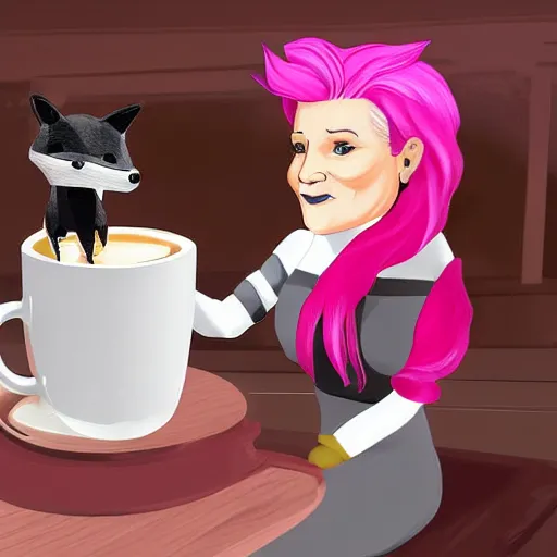 Image similar to captain janeway sharing coffee with a robotic fox with pink hair, inside a french cafe, digital art