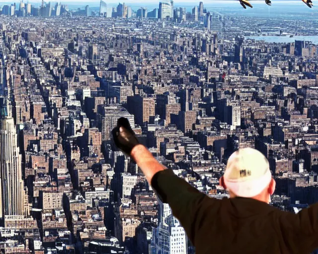 Prompt: a homeless man fly's in the sky like an angel over the city. realistic image. new york city candid photo. hyperrealistic terrorist attack.