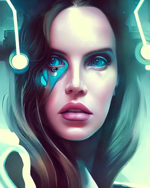 Image similar to portrait of lana del rey as a cyborg. intricate abstract. intricate artwork, by tooth wu, wlop, beeple, dan mumford. concept art, octane render, trending on artstation, greg rutkowski very coherent symmetrical artwork. cinematic, key art, hyper realism, high detail, octane render, 8 k, iridescent accents